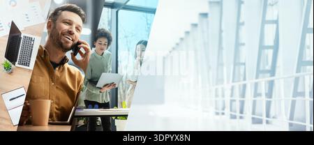 Successful Businessman Engages at Modern Workplace While Connecting With Team Online Stock Photo
