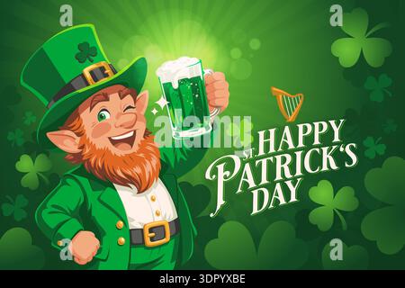 Festive St Patrick Day poster with cheerful leprechaun holding green beer mug, Irish pub atmosphere, shamrock symbols and bright green colors. Perfect for holiday posters, banners and party design. Vector art. Stock Vector