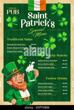 St Patricks Day pub menu template with cheerful leprechaun holding green beer mug. Traditional green background with shamrocks and Irish flag. Editable vector design with placeholders. Stock Vector