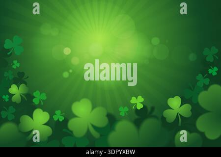 St. Patrick's Day background with green shamrocks, lucky clover leaves, glowing light rays and bokeh. Abstract Irish holiday vector with copy space. Stock Vector