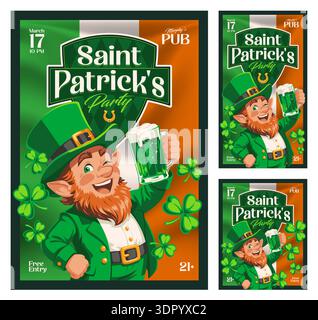St Patricks Day event vector poster and social media design templates with cheerful leprechaun holding green beer, clover leaves, Irish national flag, for pub events or Irish festival celebration. Stock Vector
