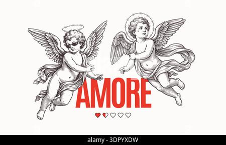 Vector illustration of two angels or cupids. Angels wears sunglasses and a barbed wire halo. Renaissance inspired line art with red typography AMORE and pixel heart loading bar. Perfect for streetwear design, t-shirts, and posters. Stock Vector