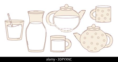 Kitchenware Hand Drawn Set. Glass Teapot Pitcher with, Mug and Ceramic Teapot with Polka Dot Cup. Isolated Outline drawings. Vector Illustration Stock Vector
