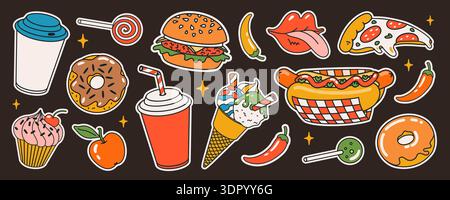 fast food cartoon sticker set with burgers donuts, pizza, hot dog, coffee and sweets on dark background. Fast food cartoon vector elements line Stock Vector