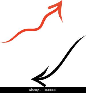 An illustration featuring two contrasting arrows against a plain white background. The red arrow shows a wavy upward trend, symbolizing growth, increa Stock Vector