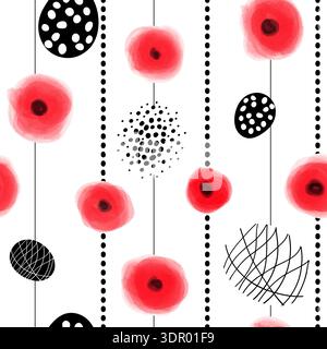 Seamless Vector Pattern with Red Poppies and Black Decorative Elements Stock Vector