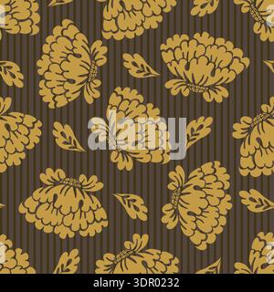 Warm earth tone tossed damask style seamless floral pattern background. Beautiful hand drawn floral motifs on striped backdrop. Elegant and rustic Stock Vector