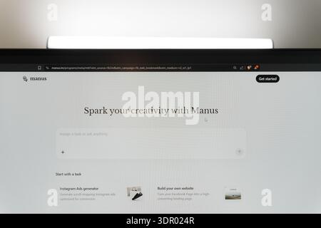Meta Manus AI platform on a computer screen, featuring the slogan Spark your creativity with Manus and task options, representing artificial intellige Stock Photo