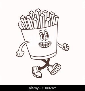 Cartoon french fries potato character in retro line style with smiling face, walking pose and clean contour on light background. Cartoon fries Stock Vector