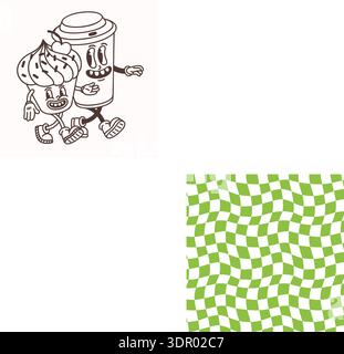 Cupcake and coffee cup cartoon characters in groovy retro style with walking pose. Cupcake and coffee line elements vector illustration. Great for Stock Vector