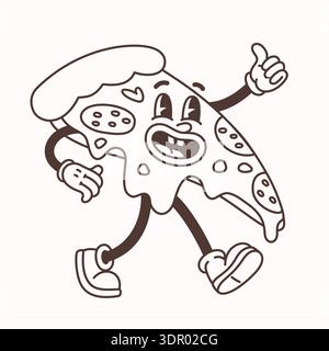 Groovy line cartoon pizza slice character in retro style. Playful walking pizzas slice with melting cheese, pepperoni toppings and expressive face Stock Vector
