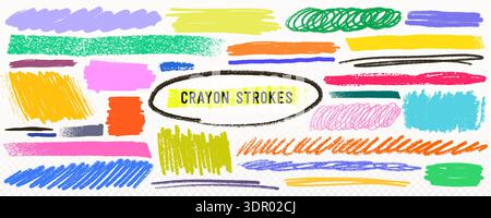 Crayon line highlight scribble strokes in bright pink yellow blue green and orange on transparent background. Crayon line highlight set with rough Stock Vector