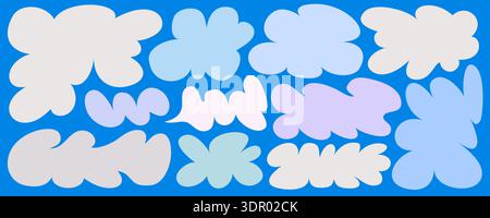 Soft wavy shape frame set with cloud like organic doodle forms and curvy amoeba silhouettes in pastel tones on blue background. Playful rounded frames Stock Vector