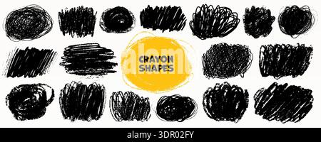 Crayon highlight box text scribble underline set in black with rough hand drawn shapes on white background. Crayon highlight box marks in pen and Stock Vector
