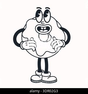 Cartoon donut line character illustration with bold outlines and playful retro style on light background. Donut character in simple vector line style Stock Vector