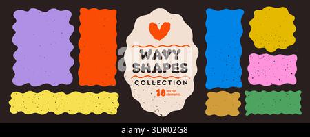 Colorful wavy shape rectangle frame set with organic square, zigzag doodle text box elements on dark brown background. Playful curvy frames in purple Stock Vector