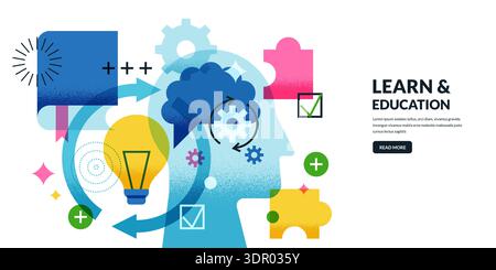 Vector flat illustration. Concept with stylized human head profile, book, brain symbol, arrows, puzzle and glowing lamp. Visual metaphor of education Stock Vector