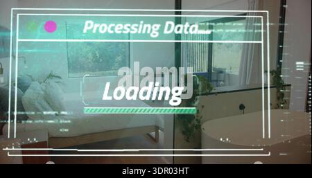 Displaying AR HUD overlay covering modern apartment interior, showing Processing Data Loading bar Stock Photo