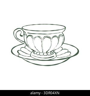 Line art illustration of a classic, elegant tea set. Vintage, whimsical drawing of a cup and saucer. Vector graphics. Vector outline clipart in green Stock Vector