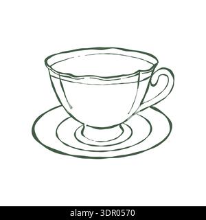 Line art illustration of a classic, elegant tea set. Vintage, whimsical drawing of a cup and saucer. Vector graphics. Vector outline clipart in green Stock Vector