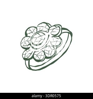Vector icon of an antique vintage womens ring. Antique ring with precious stones. Green vector illustration of a ring in doodle style. Stock Vector