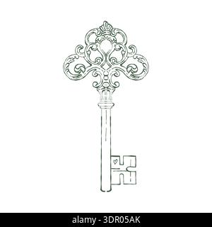 Hand-drawn line illustration of an ornate vintage key. A romantic, classic outline design for Valentines Day, weddings, and love themes in the Rococo and Baroque styles. Vector outline illustration in green. Stock Vector