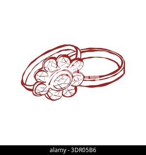 Vector icon of vintage wedding rings. Antique rings with precious stones. Retro wedding illustration. Two rings in a red matte outline. Vector illustration in doodle style. Stock Vector