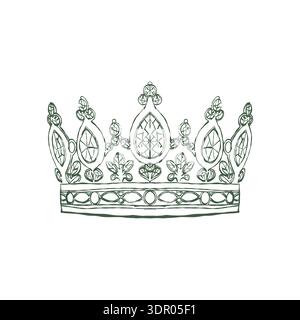Luxurious vintage royal crown in line art style. Green vector tiara icon isolated on white background. Vector outline illustration of a diadem. Stock Vector