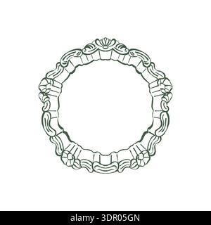 Vintage antique plate. Antique element of festive table setting. Top view of a retro plate. Hand-drawn vector outline illustration in green. Stock Vector