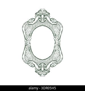 Vintage antique oval photo frame in green. Hand drawn illustration in sketch style. Outline vector. Charming Ink Doodle for Valentine or Wedding Illustration. Vector illustration in the Baroque and Rococo styles Stock Vector