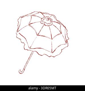 Victorian lace umbrella. Antique vintage parasol for ladies. Vector outline illustration in red. Costume element in the Rococo and Baroque styles. Stock Vector