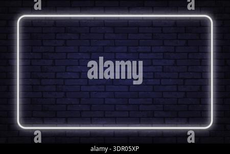 Glowing white neon frame on a dark brick wall creates a modern futuristic atmosphere. Perfect for digital ads, posters, or stylish presentations. Stock Vector