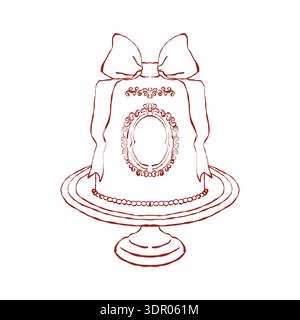 Vintage wedding cake or birthday cake with bow in red. Hand drawn vector romantic illustration in sketch style. Design for greeting card, gift tag, logo. Vector outline illustration Stock Vector