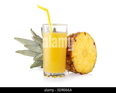 Fresh pineapple juice in a glass and pineapple cut in half isolated on white background. Genuine photo, not generated by AI Stock Photo