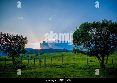 Scenic rural landscape with green pasture, trees, and dramatic sun rays over mountains at sunset in Colombia. Stock Photo