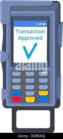 Compact electronic payment device with color-coded buttons and digital display showing approved transaction. Stock Vector