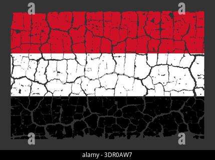 Illustration of the national flag of Yemen painted on a cracked wall. Grunge distressed style background with official Yemeni red, white, and black co Stock Vector