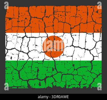 Illustration of the national flag of Niger painted on a cracked wall. Grunge distressed style background with official Nigerien orange, white, and gre Stock Vector