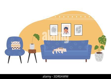 Cozy retro style interior, soft furniture, houseplants, paintings on walls. Cat sleeps comfortably on sofa. Vector illustration. Stock Vector