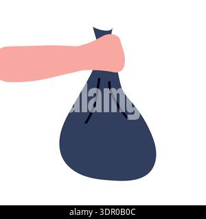Human hand holds black plastic bag. Doodle vector illustration. Zero waste movements, educational materials, Earth Day visuals Stock Vector