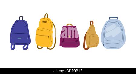 Bag set. Various bags for city use, study, travel and different purposes. Simple flat style vector illustration. Stock Vector