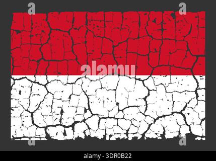 Illustration of the national flag of Indonesia painted on a cracked wall. Grunge distressed style background with official Indonesian red and white colors. Stock Vector
