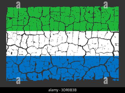 Illustration of the national flag of Sierra Leone painted on a cracked wall. Grunge distressed style background with official green, white, and blue colors. Stock Vector