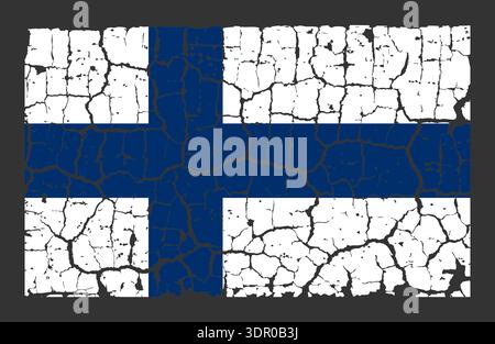 Illustration of the national flag of Finland painted on a cracked wall. Grunge distressed style background with official Finnish blue nordic cross and white colors. Stock Vector
