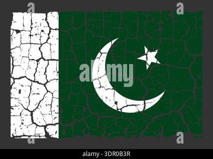 Illustration of the national flag of Pakistan painted on a cracked wall. Grunge distressed style background with official Pakistani green and white colors with crescent and star. Stock Vector
