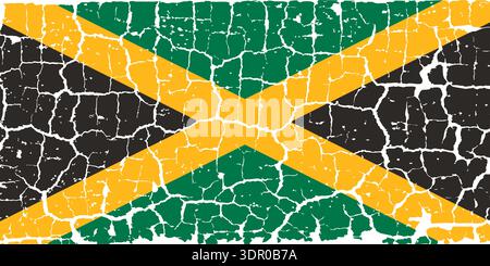Illustration of the national flag of Jamaica painted on a cracked wall. Grunge distressed style background with official Jamaican green, black, and gold cross colors. Stock Vector
