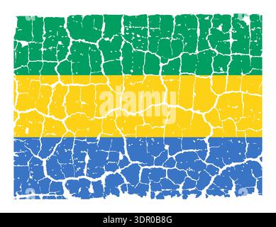 Illustration of the national flag of Gabon painted on a cracked wall. Grunge distressed style background with official Gabonese green, yellow, and blue colors. Stock Vector