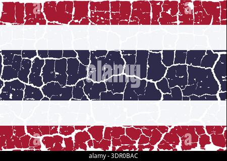Illustration of the national flag of Thailand painted on a cracked wall. Grunge distressed style background with official Thai red, white, and blue stripes. Stock Vector