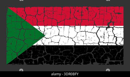Illustration of the national flag of Sudan painted on a cracked wall. Grunge distressed style background with official Sudanese red, white, and black stripes with green triangle. Stock Vector