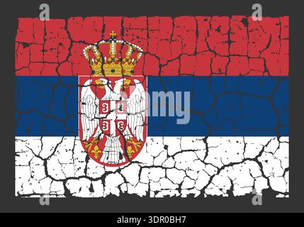 Illustration of the national flag of Serbia painted on a cracked wall. Grunge distressed style background with official Serbian red, blue, and white colors with eagle coat of arms. Stock Vector